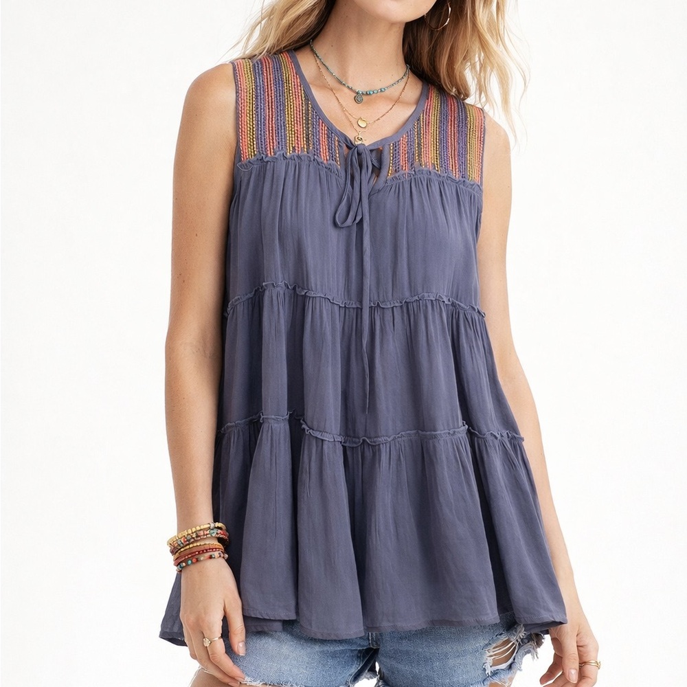 Ivy Jane NWT Dusty Gray Semi-Sheer Boho Colorful Embroidered Flowy Tank Blouse